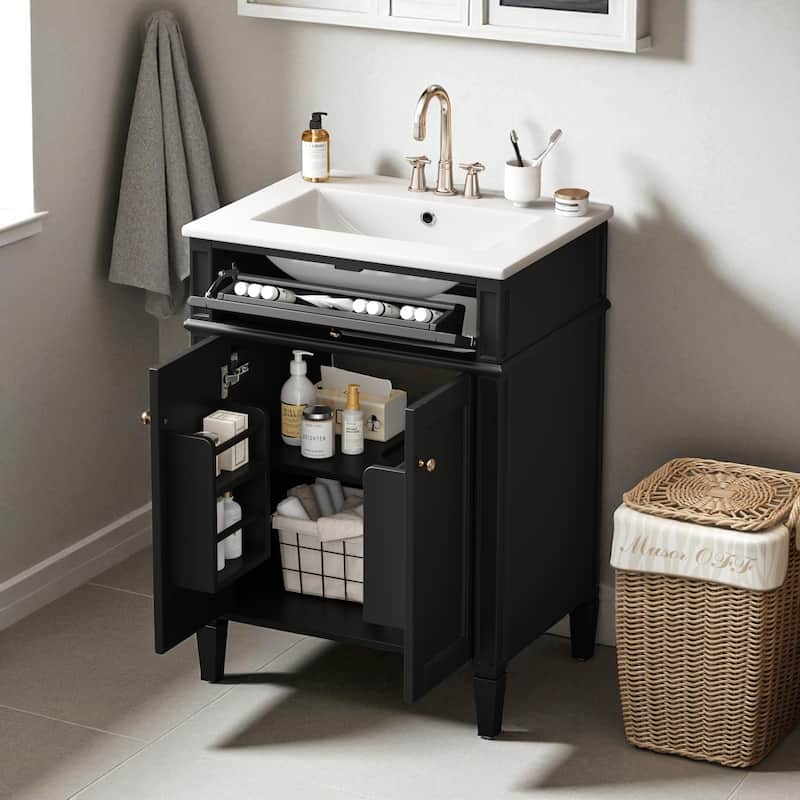 24'' Bathroom Vanity with Sink, Freestanding Storage Cabinet with 2 Doors, Tip-Out Drawer & Soft-Close Organizers