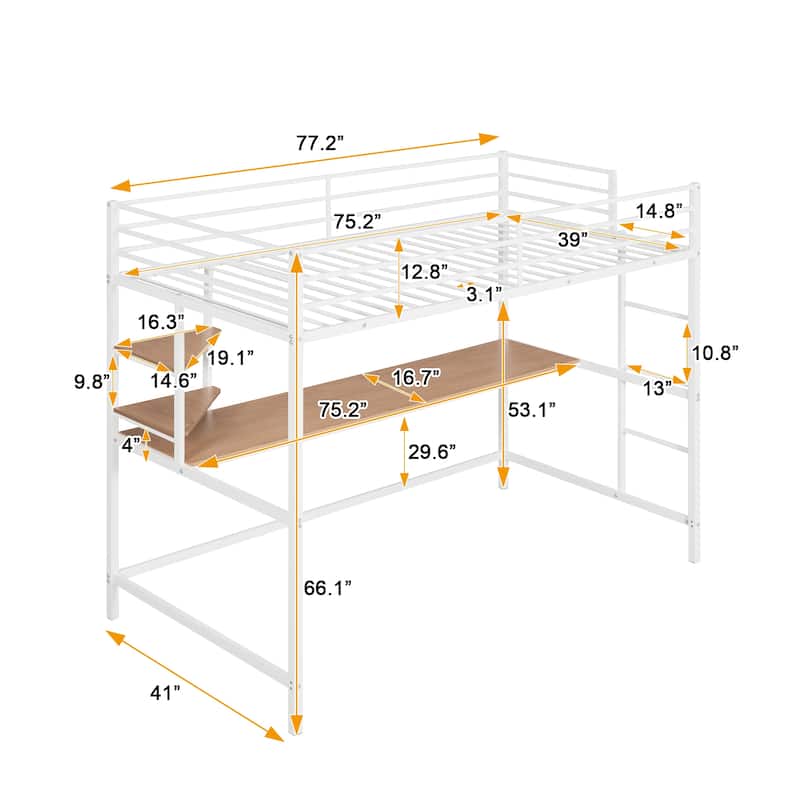 Twin Metal Loft Bed with Desk and Shelve