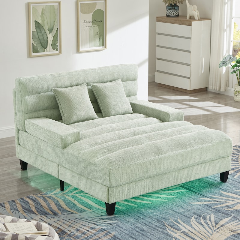 Modern Chaise Lounge Sofa 57.1" Sofa Bed Chenille Upholstered Lounge Sofa Chair with Adjustable Backrest and LED Light Strip - Green