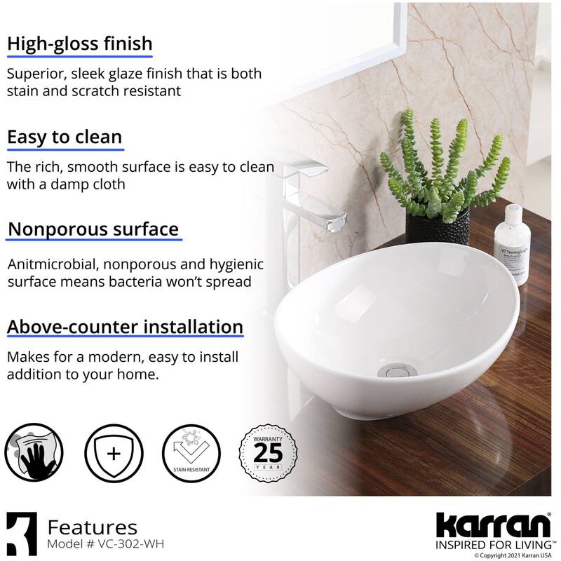 Karran USA VC-302 Valera 15-1/2" Oval Vitreous China Vessel Bathroom