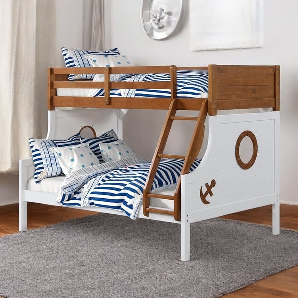 slide 2 of 10, Wooden Twin over Full Bunk Bed with Angled Ladder Oak/White