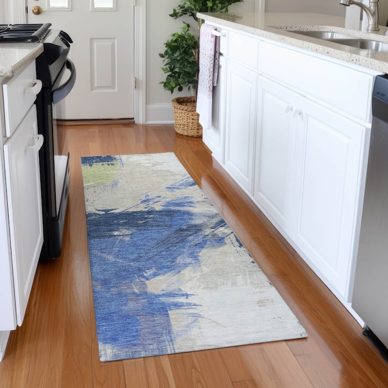 Premium Washable Super Soft Modern Brushstrokes Mayfield Rug - Navy - 2'3" x 7'6"