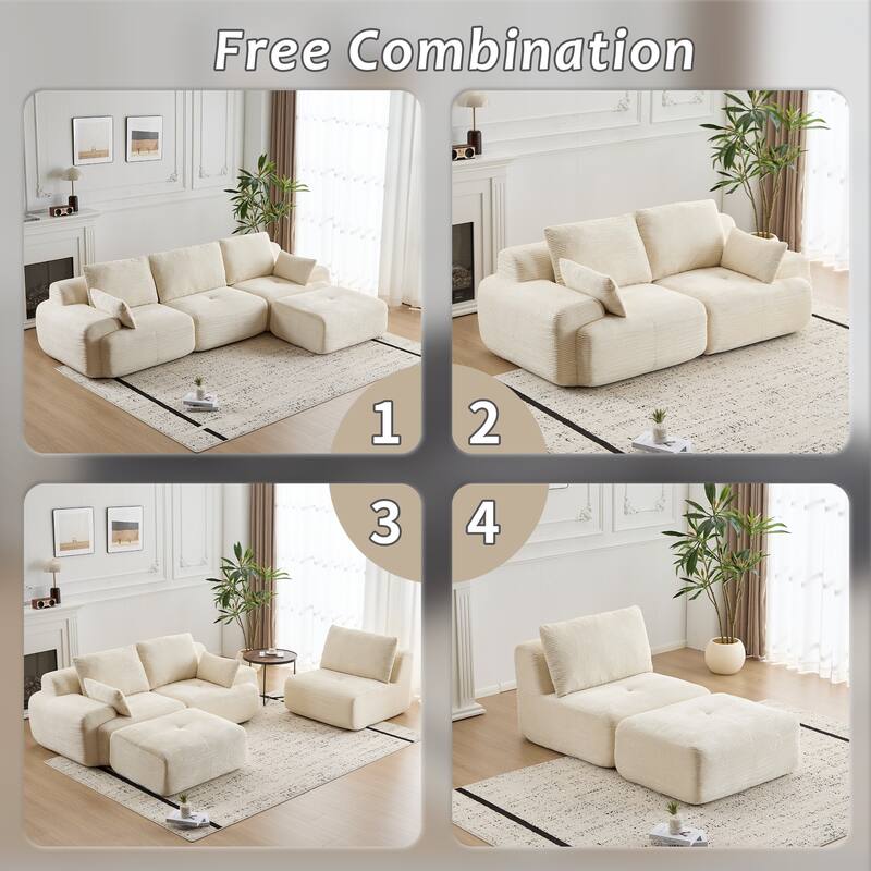 L Shaped Modular Sectional Sofa with Ottoman, Corduroy Upholstered Cloud Sofa, Compressed Sofa with Cushions & Throw Pillows