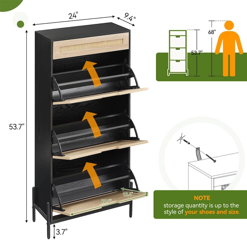 Rattan 3 Flip Door with 1 Drawer Shoe Rack Storage Cabinet