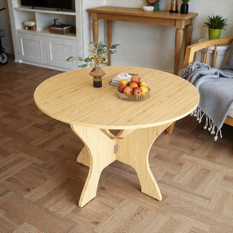 43 Inch Folding Dining Table for Small Spaces, Round MDF Veneer Foldable Kitchen Table with Slim Storage Design - Ancient Oak