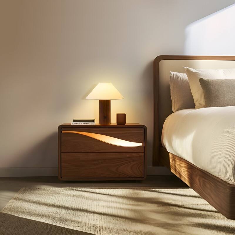 Brightech Oakley LED Walnut Brown Wood Midcentury Dimmable Bedside Nightstand Desk Lamp