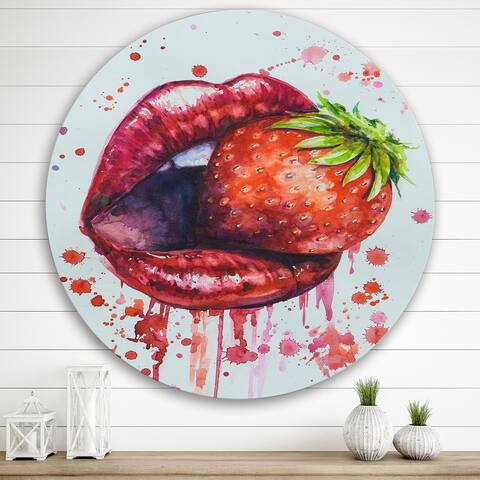 Designart 'Red Woman Lips Eating A Strawberry' Modern Metal Circle Wall Art