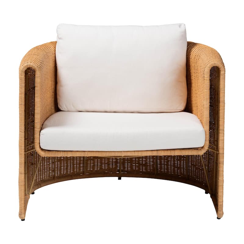 Carina Natural Rattan Armchair with Cushion - Handwoven Lounge Chair with U-Shaped Silhouette and Deep Seating