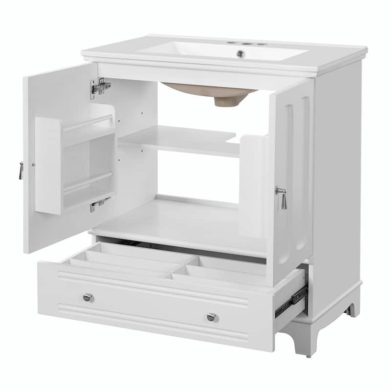 30" Bathroom Vanity with Ceramic Sink - Solid Wood Frame Bathroom Sink Cabinet with Adjustable Shelf