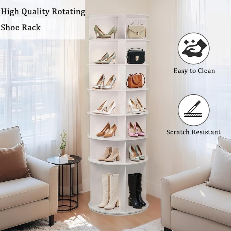 White 360 Degree Rotating Shoe Rack Tower 7 Tier Storage Organizer with Boot Compartment for 28 Pairs of Shoes