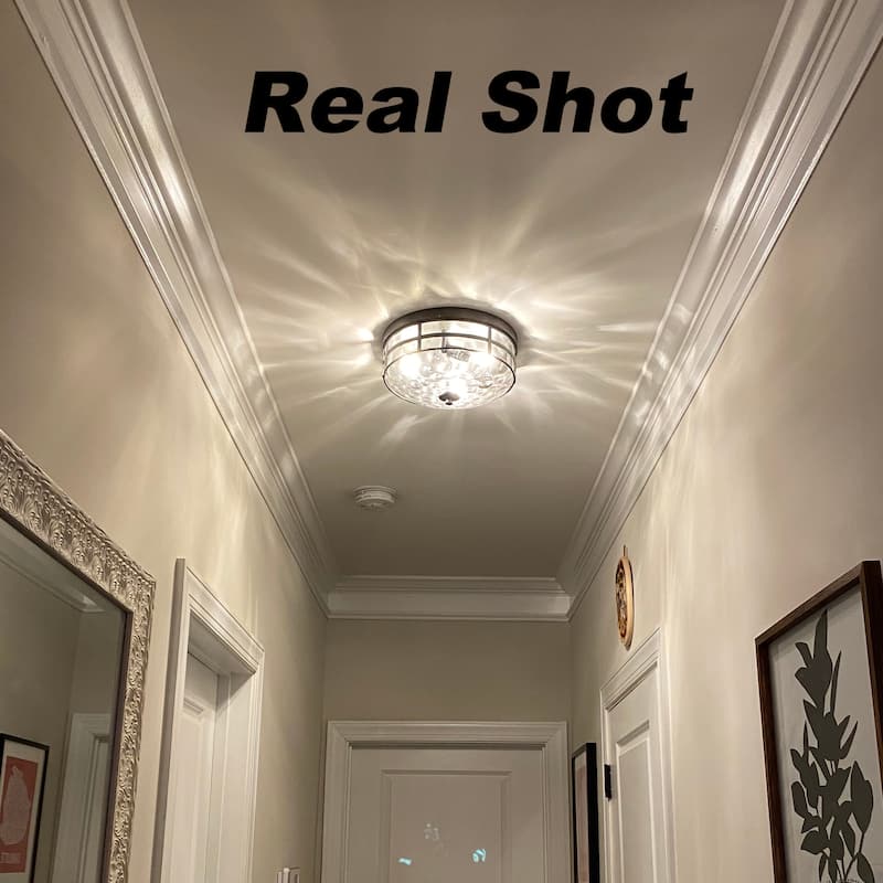 Zarbel Modern Farmhouse Drum 3-Light Rustic Faux Wood Accent Flush Mount Ceiling Light with Water-Rippled Glass Shade
