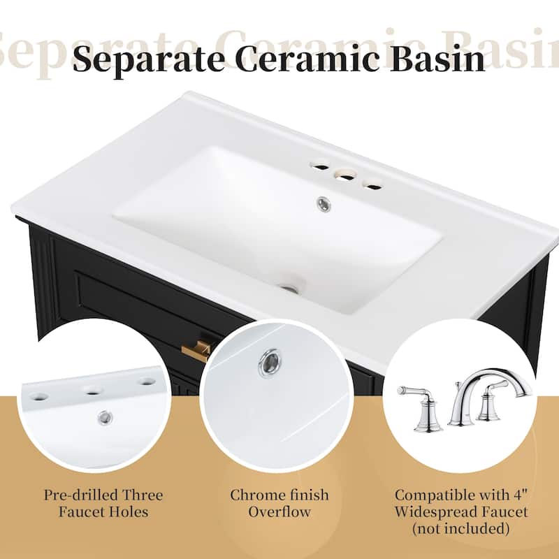 30" Bathroom Vanity with Sink, Bathroom Vanity Cabinet with One Flip Drawer and Two Drawers, Adjustable Shelf