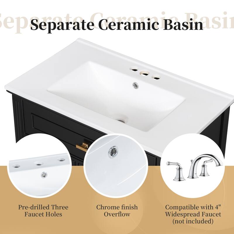 Roomfitters 30" Bathroom Vanity with Ceramic Sink, Solid Wood Frame with Flip Drawer, 2 Side Drawers & Adjustable Shelf