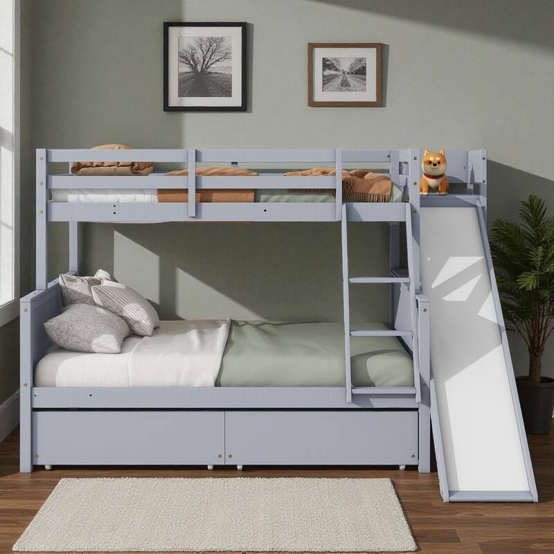 Twin Over Full Rubber Wood Bunk Bed with Slide, 2 Drawers, Shelves and Ladder, Solid Wood Bunk Bed for Kids - Grey - Full