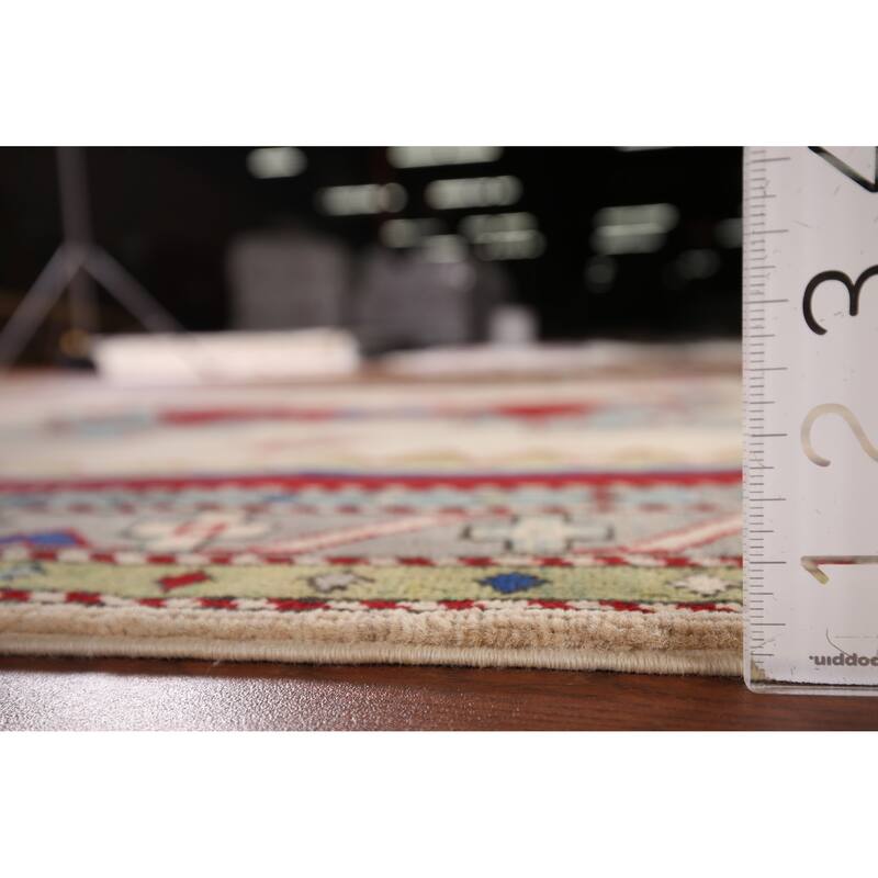 Ivory Geometric Kazak Oriental Area Rug Hand-Knotted Wool Carpet - 4'1" x 5'11"