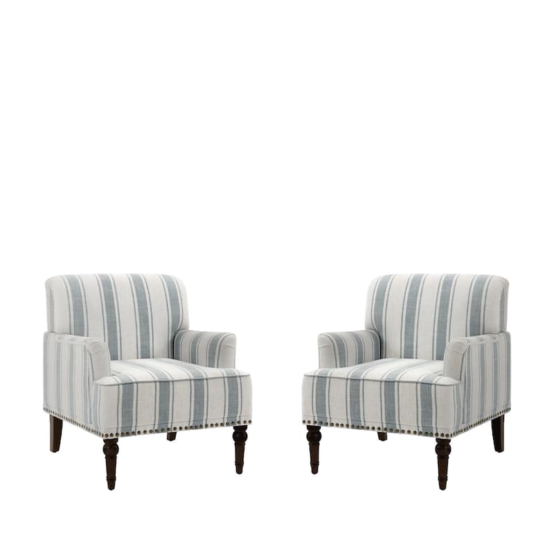 Set 2 Striped Upholstered Linen Armchair with Brass Nailhead Trim