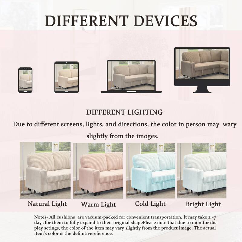 Oversized Corduroy Sectional Sleeper Sofa with Pull-Out Bed, L-Shaped 5-Seater Upholstered Couch Bed with USB Charging Ports