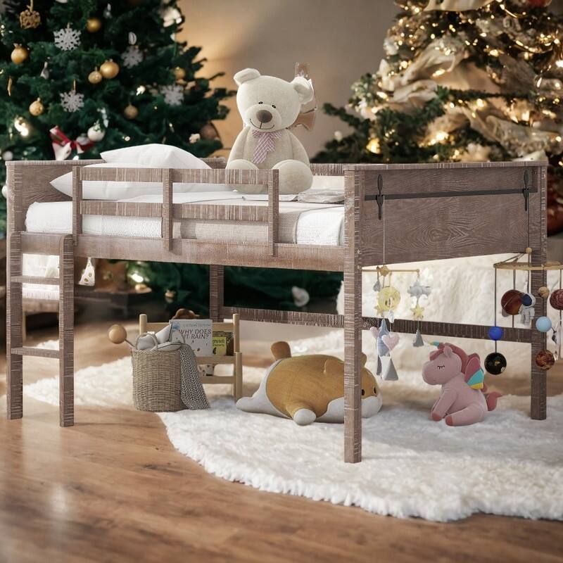 Kids Furniture Wood Full Size Kids Bed with Storage Space FullLength Guardrails Loft Bed with