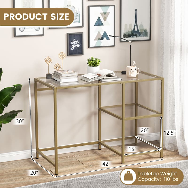 Gymax Computer Desk Tempered Glass Workstation Vanity Table w/ 2-Tier
