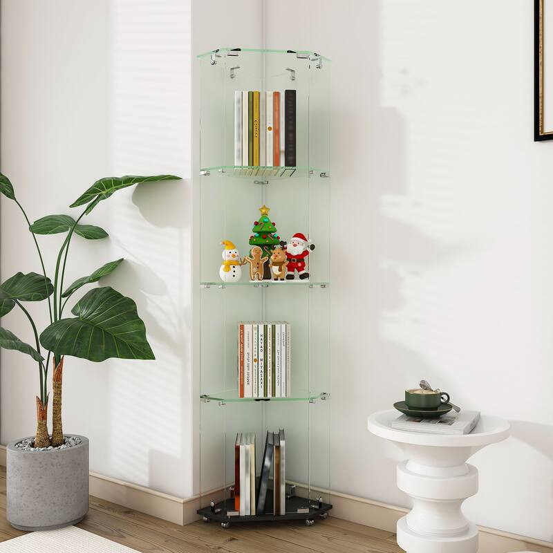 Roomfitters Glass Display Cabinet with Lighting, 4 Tier Curio Case for Collectibles, Floor Standing Showcase, Black