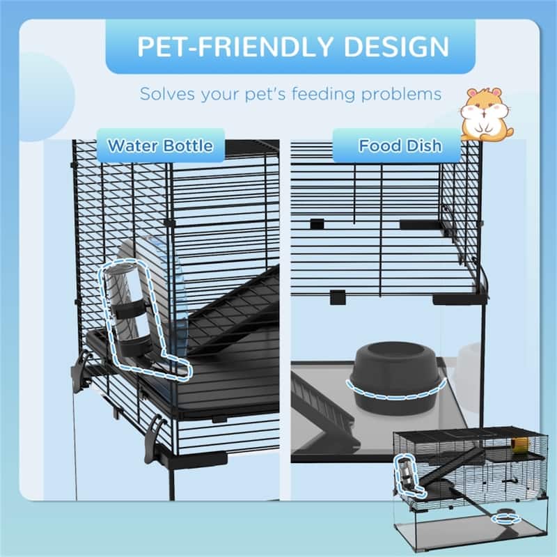 Black-Transparent Hamster Cage with Steel Frame, Glass Base and Accessories - 31" L x 19" W x 22.5" H