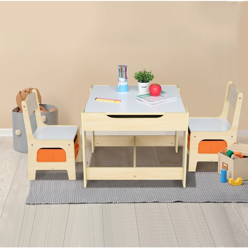 3-Piece Kids Wooden Table And Chair Set with Storage