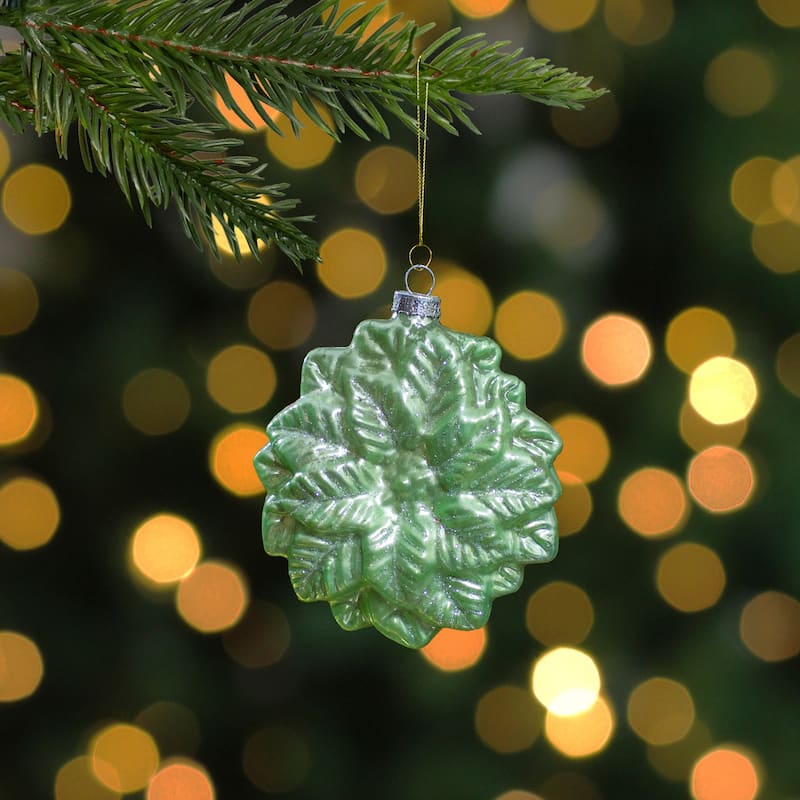 3.75" Green Glittered Poinsettia Flower Glass Christmas Ornament