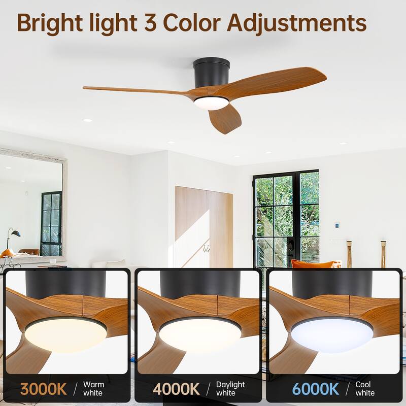 52 Inch Flush Mount Ceiling Fan with Light and Remote, Reversible DC Motor Ceiling Fan for Bedroom Living Room Kitchen - Black