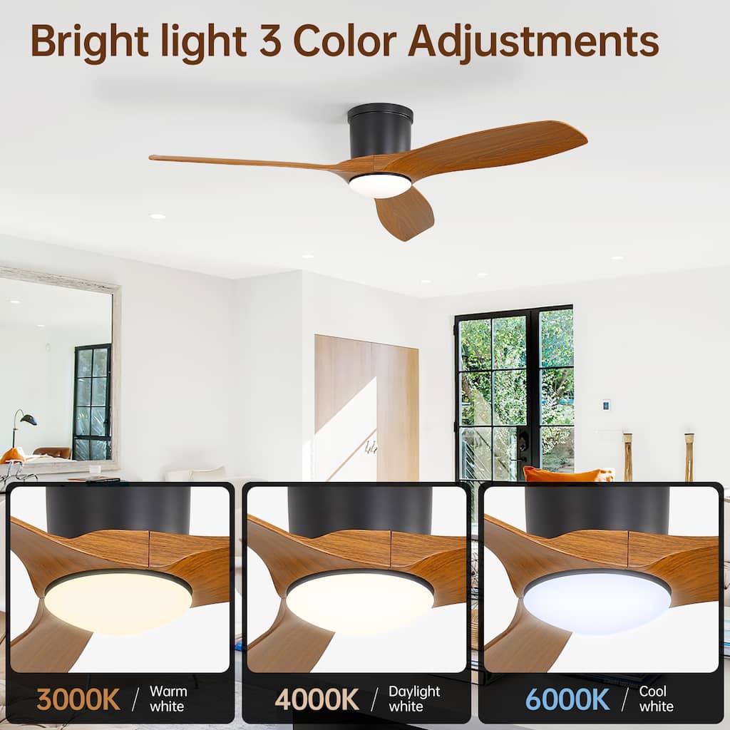52 Inch Flush Mount Ceiling Fan with Light and Remote, Reversible DC Motor Ceiling Fan for Bedroom Living Room Kitchen