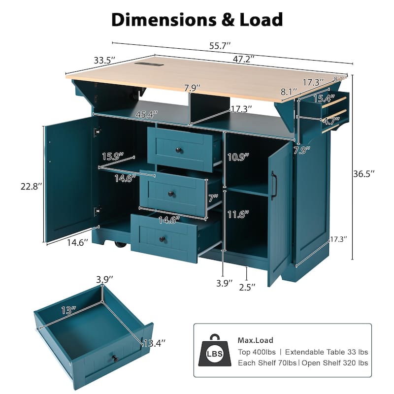 Large Kitchen Island with 2 Drop Leaf,Rolling Kitchen Cart on 5 Wheels with Power Outlet,Folding Storage Dining Table - N/A