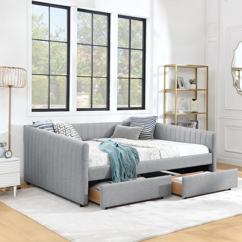 Queen Size Upholstered Daybed with Trundle and Storage Drawers, Grey Linen Fabric