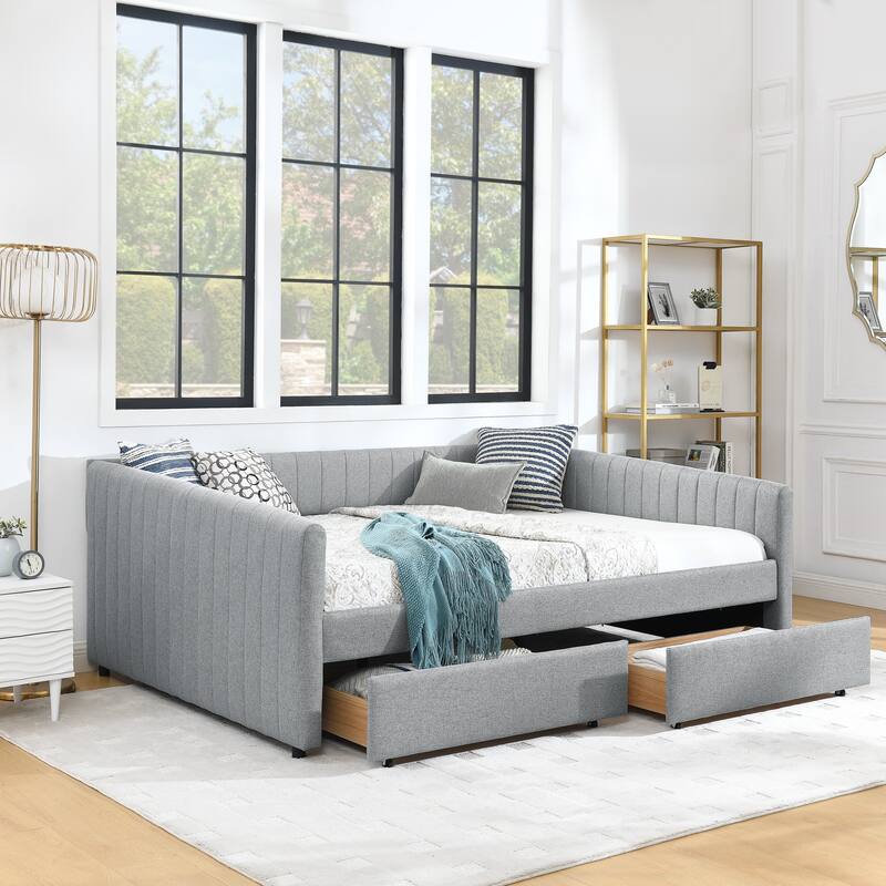 Vertical Stripe Linen Upholstered Sofa Bed Frame Queen Size Daybed U-shaped Captain Bed with Storage Drawers and Curved Arms