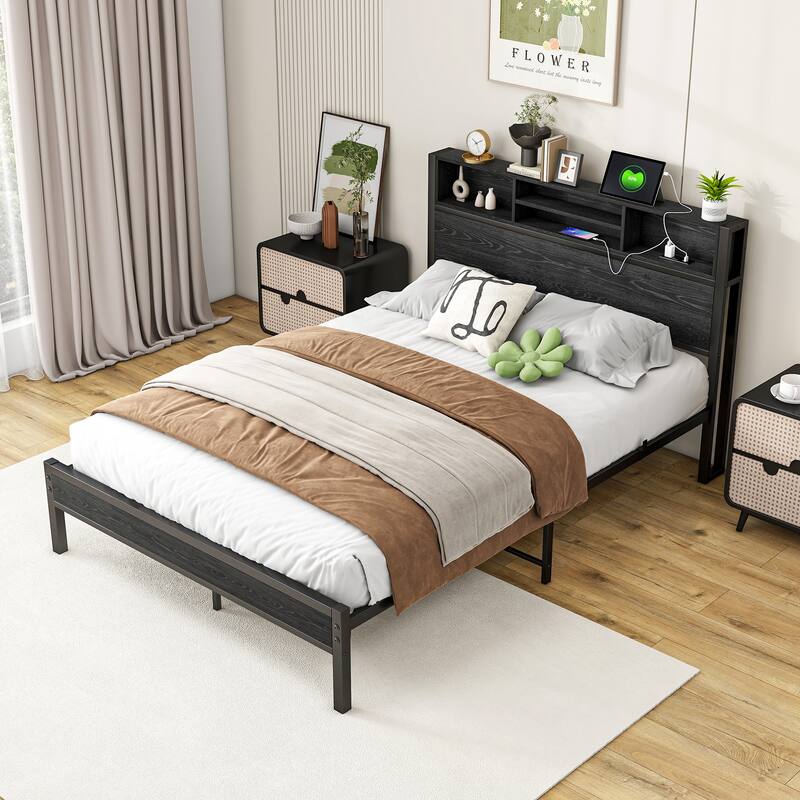 Full Size Bed Frame with Storage Headboard, Charging Station, No Box Spring Needed, Easy Assembly - Black
