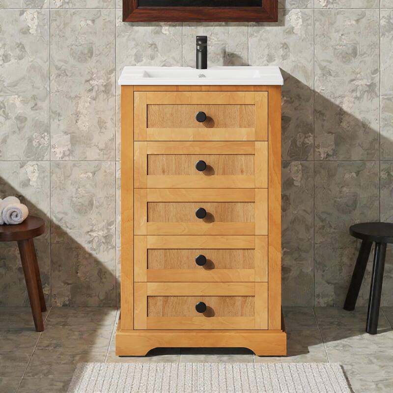 20 Inch Bathroom Vanity with Ceramic Sink, Solid Wood and MDF Bathroom Cabinet with Soft-Close Door
