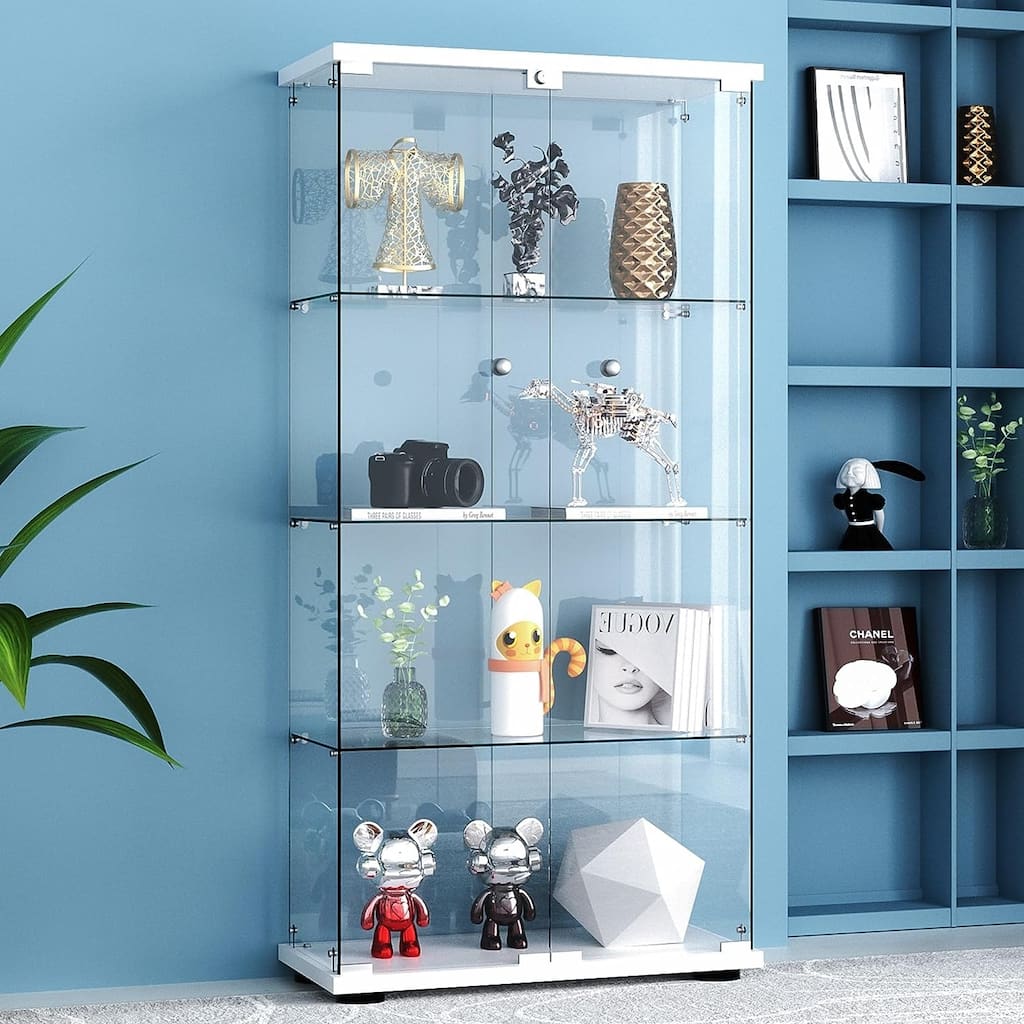 Glass Display Cabinet 4-Shelf 2 Doors with LED Push Light Lockable, 5mm Tempered Glass Floor-Standing Glass Bookshelf