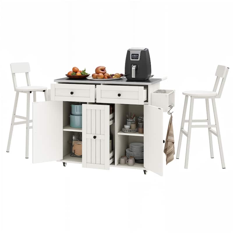 Moasis Wooden Kitchen Island with Drop Leaf Rolling Cart Extra Large Work Surface and Storage Drawers Towel Spice Rack