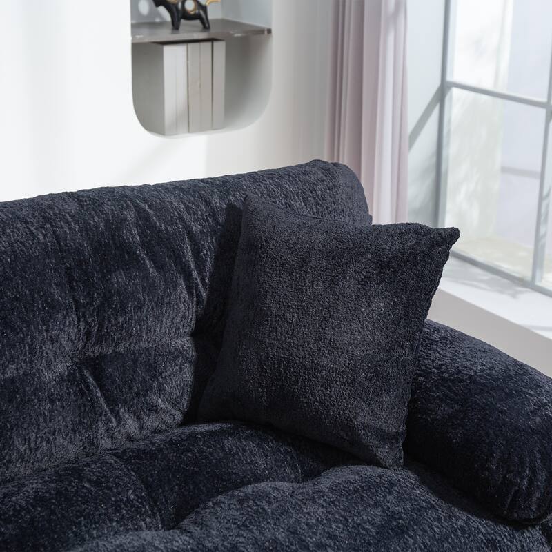 Two-seat Black Breathable Chenille Sofa Sleeper with Dual-Layer Cushion and Two Pillows