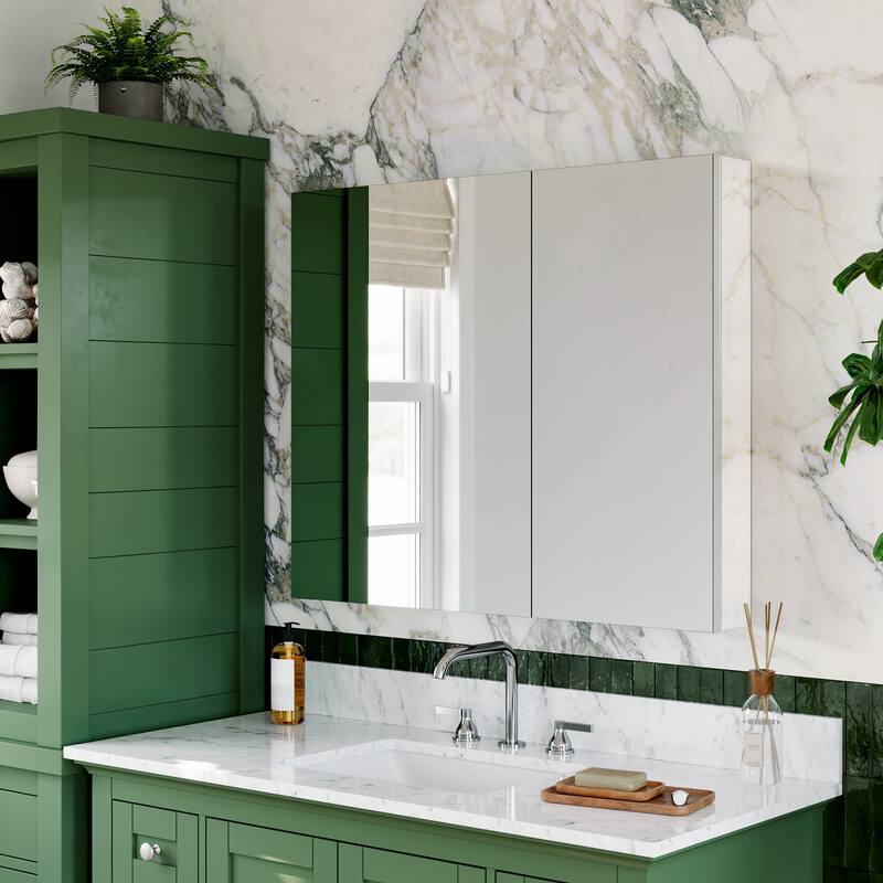 36x30 in Mirrored Medicine Cabinet, Dual-Swing, Tri-View, Copper-Free, Blum Soft-Close, Recessed/Surface, Chrome Aluminum - Silver