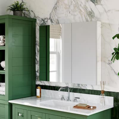 36x30 in Mirrored Medicine Cabinet, Dual-Swing, Tri-View, Copper-Free, Blum Soft-Close, Recessed/Surface, Chrome Aluminum