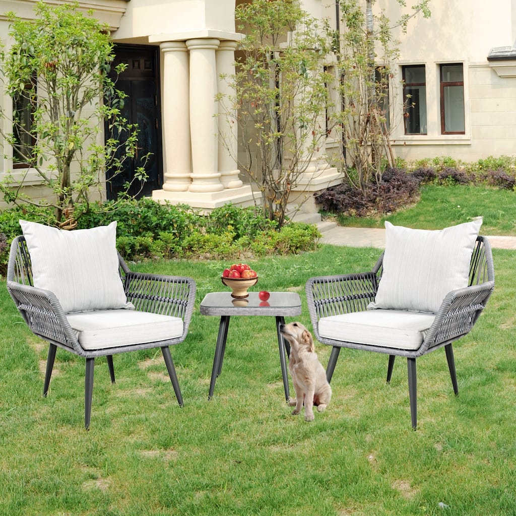 3 Piece Patio Furniture Set Small Outdoor Wicker Rattan Front Porch Bistro Set Patio Chairs Conversation Set with Glass Table