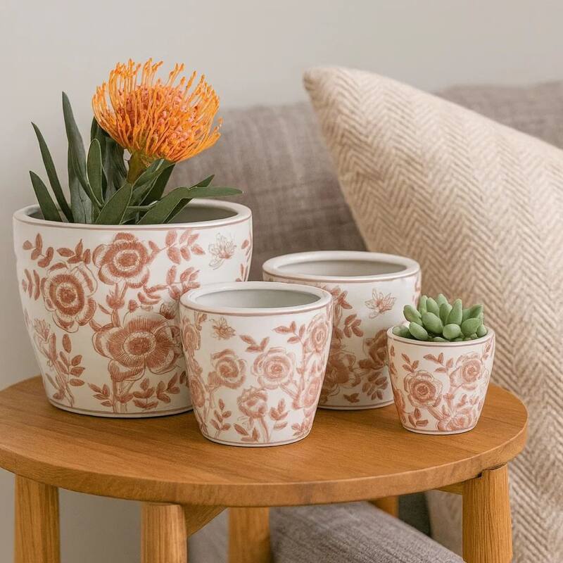 Kerry Accent Planter Pot Set of 4, Pink Floral Pattern, White Ceramic