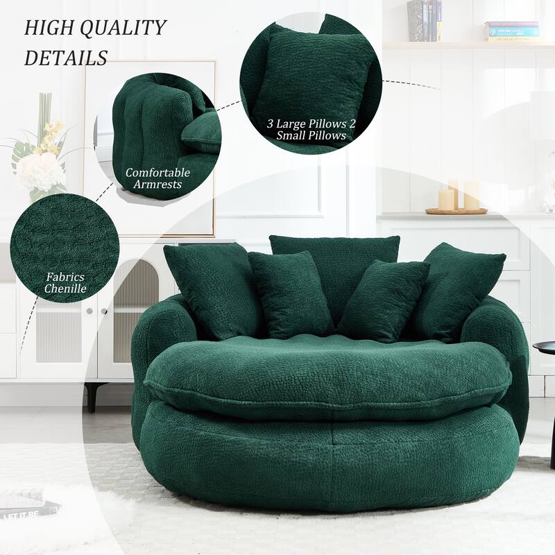 Oversized Oval Upholstered Bean Bag Sofa, Lazy Sofa with 3 Large Pillows and 2 Small Pillows, Wrap Around Backrest