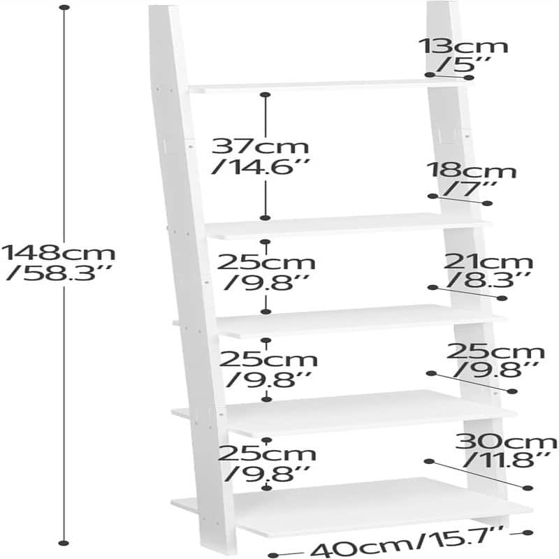 5 Tier Ladder Bookshelf Wall Leaning Ladder Shelf - 11.8"D x 15.7"W x 58.3"H