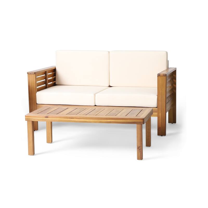 2 Piece Acacia Wood Outdoor Loveseat Set with Coffee Table and Cushions - Brown