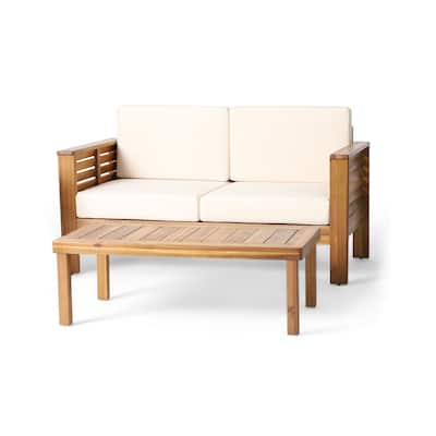 2 Piece Acacia Wood Outdoor Loveseat Set with Coffee Table and Cushions