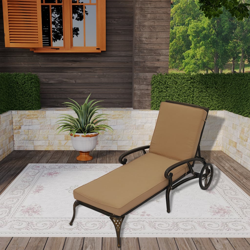Clihome Cast Aluminum Patio Reclining Chaise Lounge with Brown Cushion