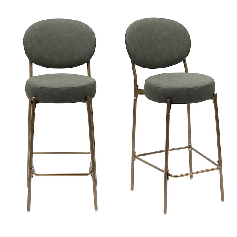HomeRoots Set of Two 29" Green and Gold Faux Leather and Metal Low Back Bar Height Bar Chairs