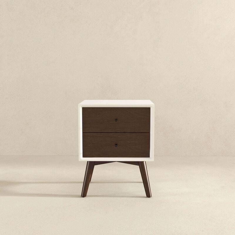 Mid Century Modern White Night Stand with 2 Drawers, Solid Wood, 23.6\