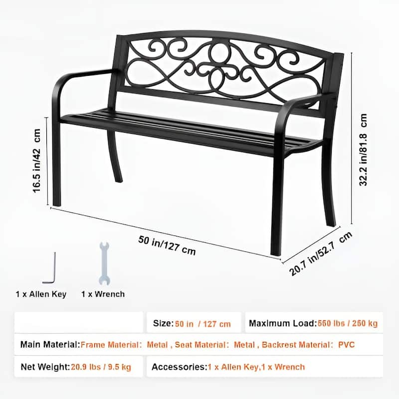 Black Metal PVC Garden Bench, 50 inches Floral Patio Seat with 550lb Capacity - 20.7” L x 50” W x 32.2” H