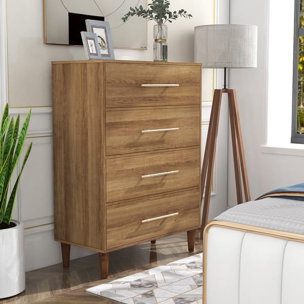 slide 2 of 8, Quinset Mid-Century Modern Oak 4-Drawer Wood Vertical Dresser by Furniture of America
